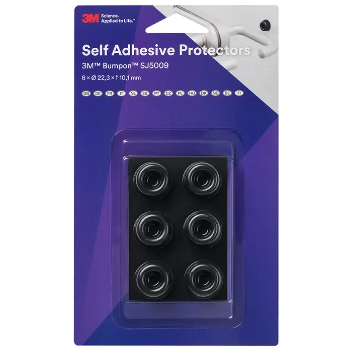 3M Bumpon SJ5009BL Elastikpuffer Mini-Pack, Schwarz, 6 Stück, 22,3 x 10,1 mm, Klebstoff Natur-Kautschuk R-30