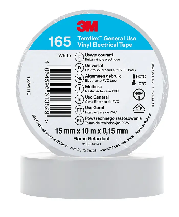 3M Temflex Vinyl-Isolierband 165, Weiß , 15 mm x 10 m