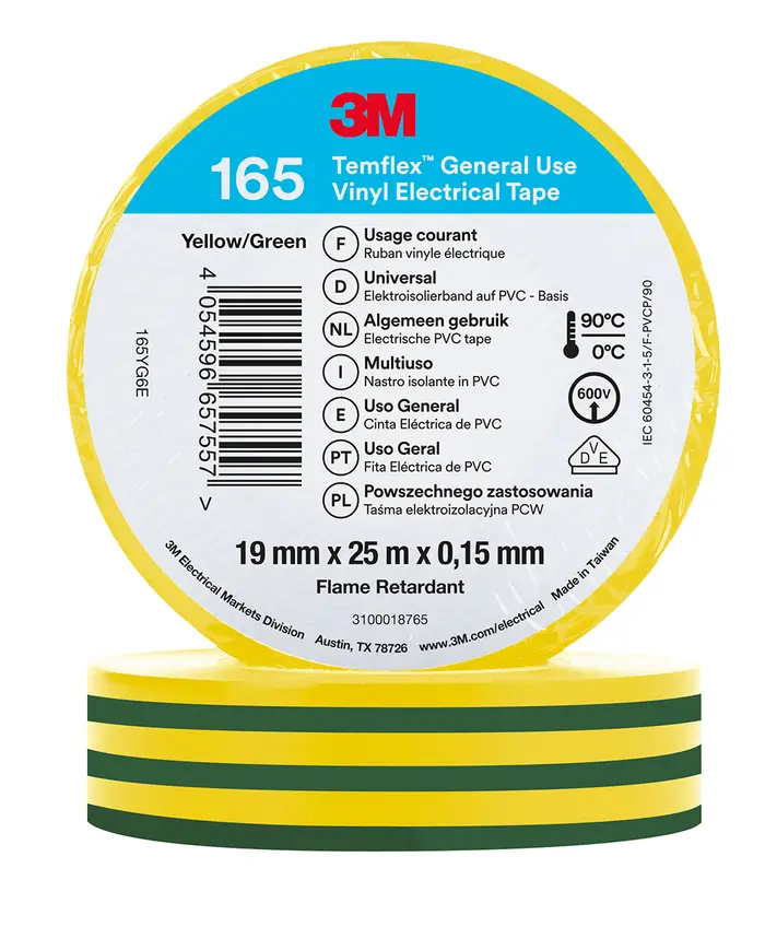 3M Temflex Vinyl-Isolierband 165, Grün/Gelb, 19 mm x 25 m