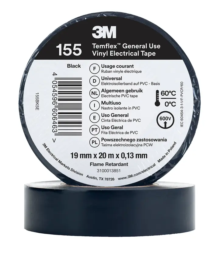3M Temflex Vinyl-Isolierband 155, Schwarz, 19 mm x 20 m