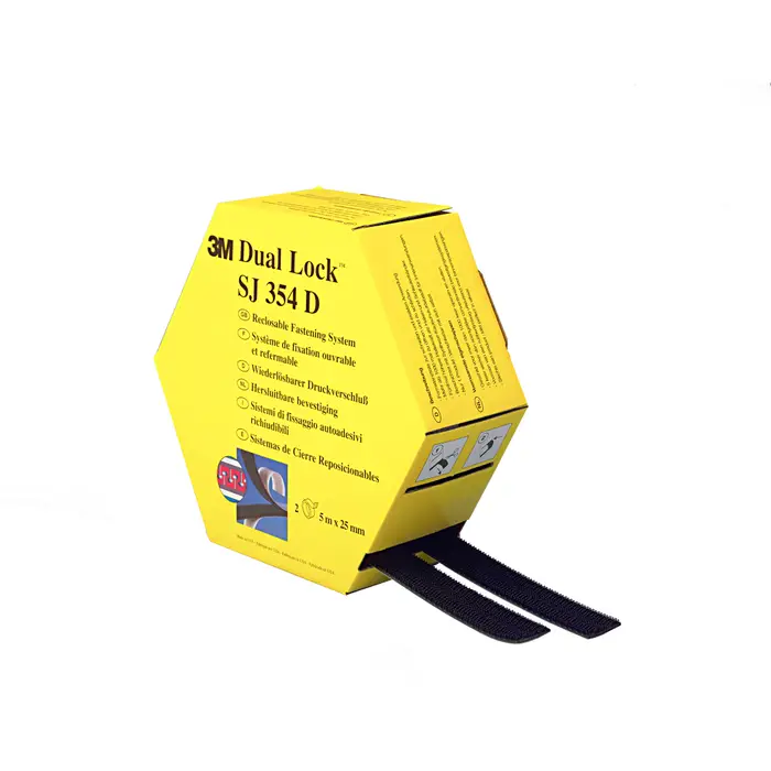3M Dual Lock Flexibler Druckverschluss SJ354-Serie, SJ354D, Schwarz, 25 mm x 5 m, 5.7 mm, 40 Köpfe/cm², Innenbereich, Spendebox