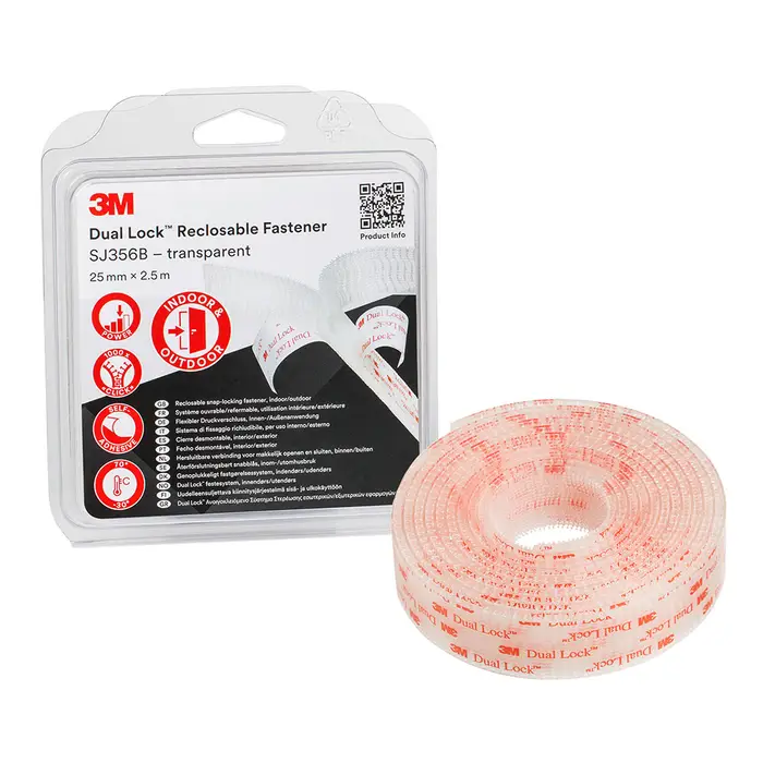 3M Dual Lock Flexibler Druckverschluss SJ356B, Transparent, 25 mm x 2.5 m, 5.7 mm, 40 Köpfe/cm², Einzeln verpackt