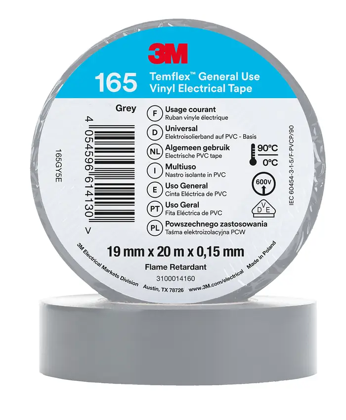 3M Temflex Vinyl-Isolierband 165, Grau, 19 mm x 20 m
