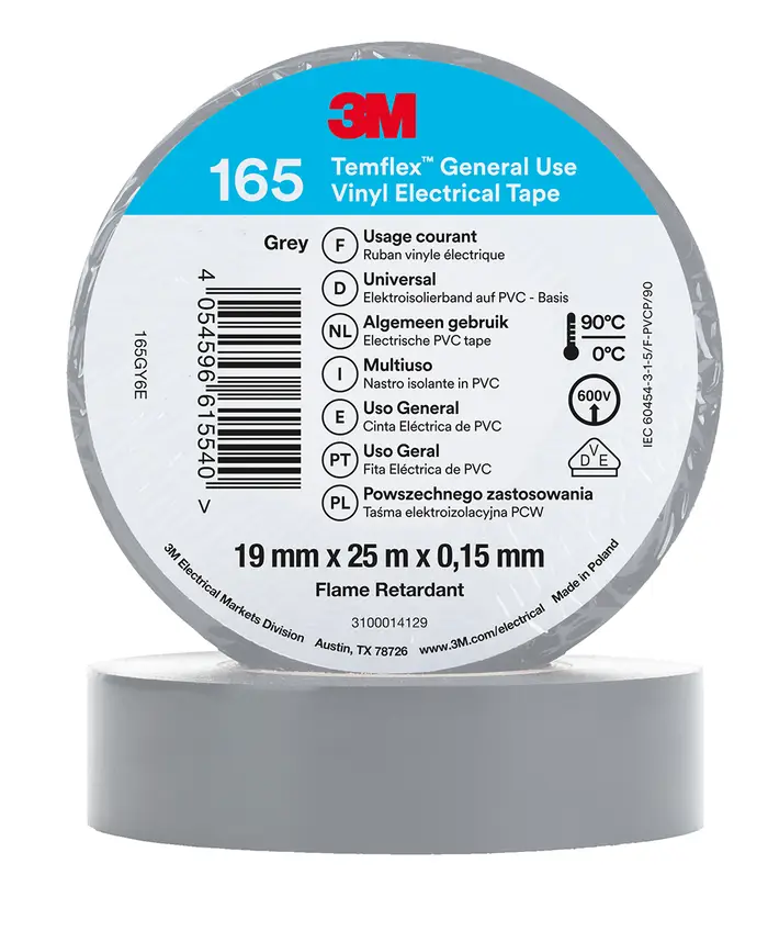 3M Temflex Vinyl-Isolierband 165, Grau, 19 mm x 25 m
