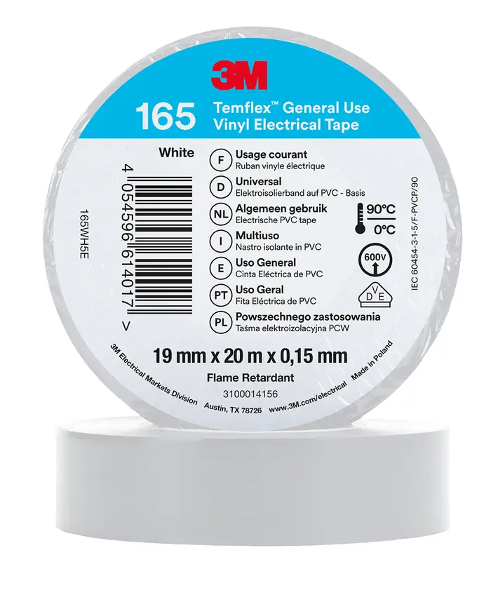 3M Temflex Vinyl-Isolierband 165, Weiß, 19 mm x 20 m