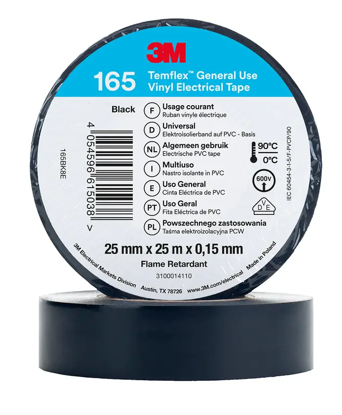 3M Temflex Vinyl-Isolierband 165, Schwarz, 25 mm x 25 m