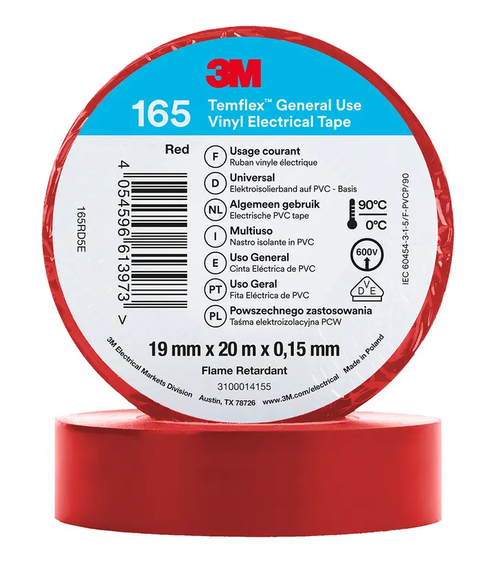 3M Temflex Vinyl-Isolierband 165, Rot, 19 mm x 20 m