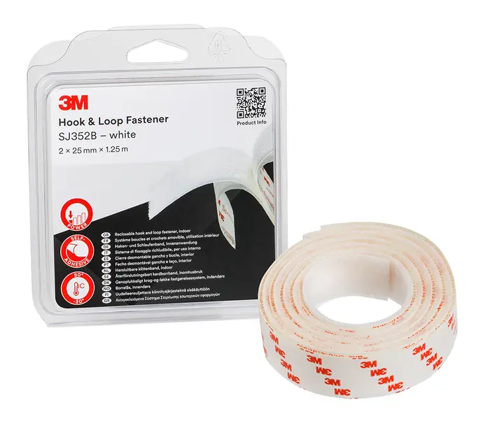 3M Haken- und Schlaufenband SJ352B, Weiß, 25 mm x 1.25 m, 4.4 mm, Blister IPC
