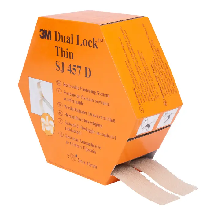3M Dual Lock Flexibler Druckverschluss SJ457D, Schwarz, 25 mm x 5 m, 1.7 mm, 109 Köpfe/cm², Spendebox